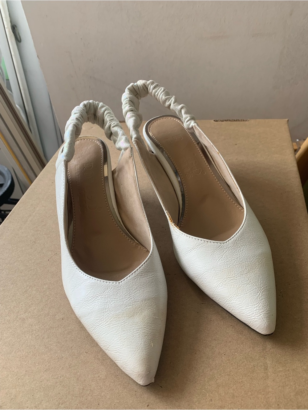 Women's White Pointed Slingback Heels with Ruched Strap made in Turkey, size 8